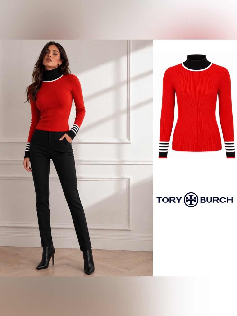 NEW Tory Burch Bright Red Ribbed Knit Sweater with Black Trim